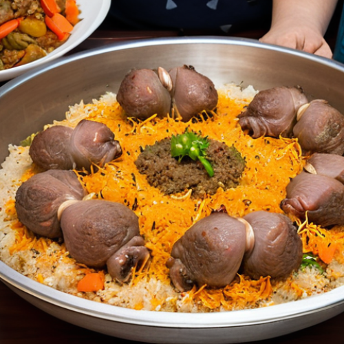 Home 13 **Image Prompt for Plov**: "A traditional Turkmen dish called Plov, featuring tender lamb, fluffy rice, and vibrant vegetables. The dish is served in a large communal bowl, surrounded by family members enjoying the meal together during a festive celebration."