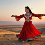 A solo Turkmen female dancer embodying the spirit of the steppe. She performs fluid, expressive movements, reminiscent of an eagle's grace and a horse's strength. She wears a vibrant red flowing *keteni* silk dress with intricate embroidery and heavy silver jewelry. The setting is the vast Central Asian landscape at golden hour, with a clear sky, emphasizing the spiritual connection to nature and ancient history. Authentic, detailed, emotional storytelling through dance, cinematic lighting.