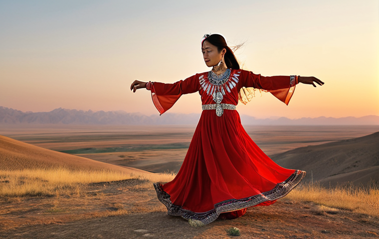A solo Turkmen female dancer embodying the spirit of the steppe. She performs fluid, expressive movements, reminiscent of an eagle's grace and a horse's strength. She wears a vibrant red flowing *keteni* silk dress with intricate embroidery and heavy silver jewelry. The setting is the vast Central Asian landscape at golden hour, with a clear sky, emphasizing the spiritual connection to nature and ancient history. Authentic, detailed, emotional storytelling through dance, cinematic lighting.