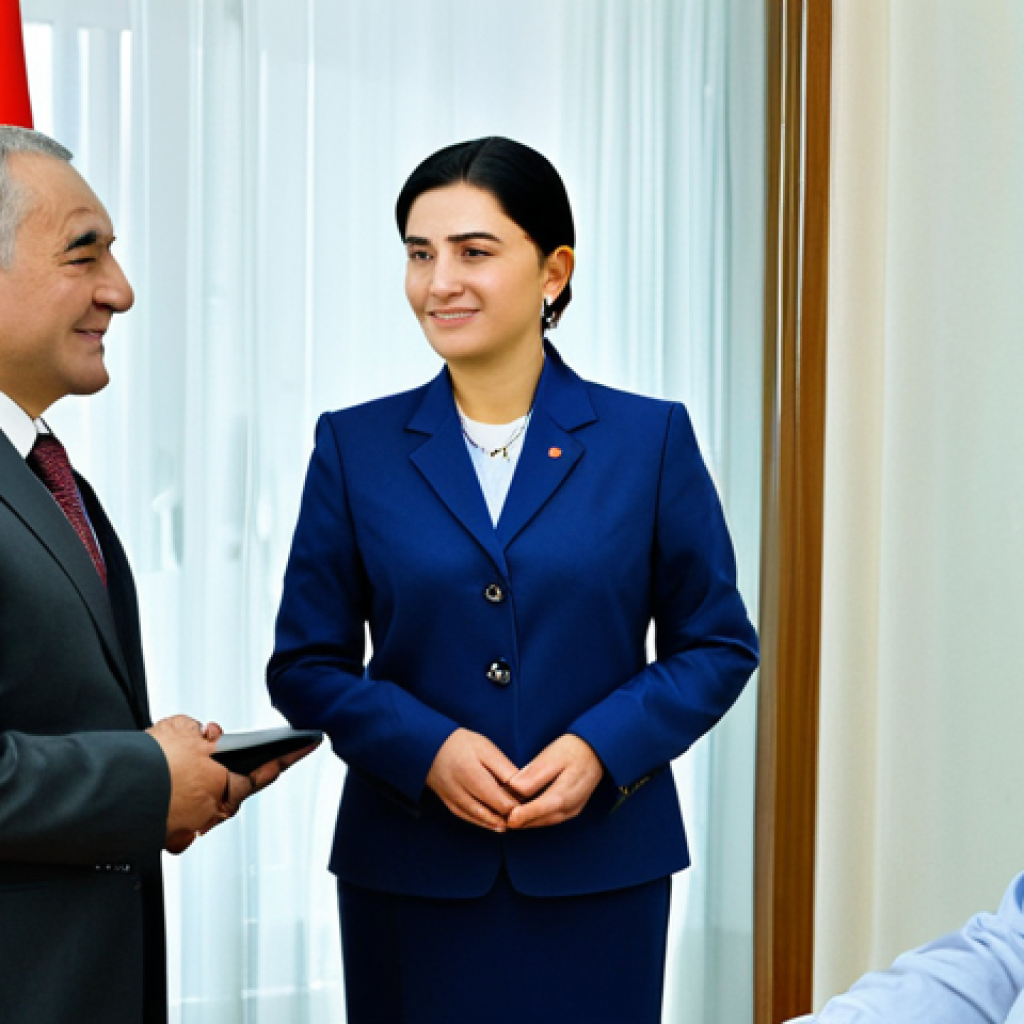 Business Meeting in Turkmenistan**
"A professional businesswoman in a modest business suit, meeting with two Turkmen government officials in a modern office setting, fully clothed, appropriate attire, safe for work, perfect anatomy, natural proportions, professional photography, high quality, friendly atmosphere, demonstrating respect for local customs, family-friendly."
**