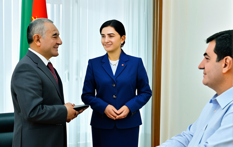Business Meeting in Turkmenistan**
"A professional businesswoman in a modest business suit, meeting with two Turkmen government officials in a modern office setting, fully clothed, appropriate attire, safe for work, perfect anatomy, natural proportions, professional photography, high quality, friendly atmosphere, demonstrating respect for local customs, family-friendly."
**