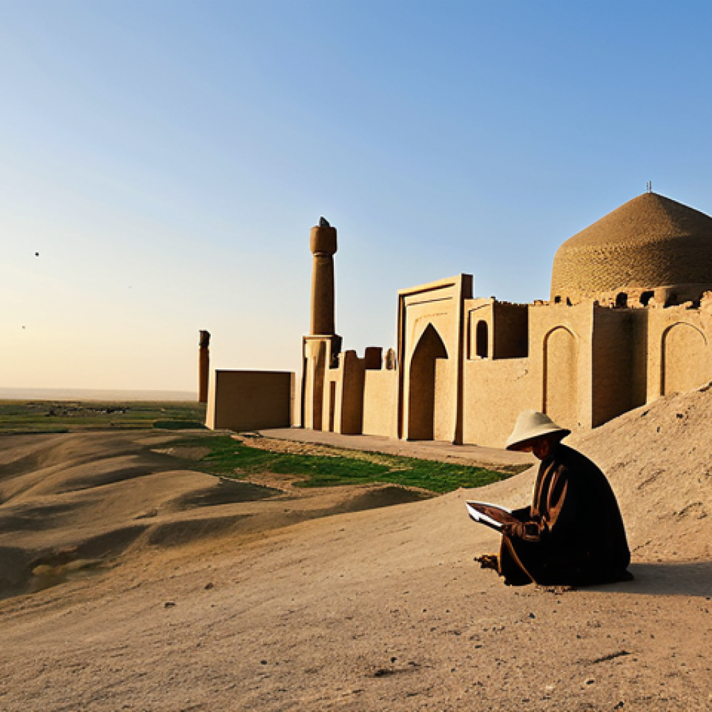투르크메니스탄에서의 영화 촬영지 - Merv - Ancient City**
"A wide shot of the ancient city of Merv, Turkmenistan at sunset. Crumbling w...