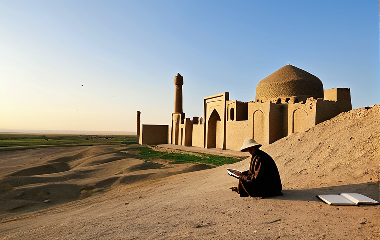 투르크메니스탄에서의 영화 촬영지 - Merv - Ancient City**
"A wide shot of the ancient city of Merv, Turkmenistan at sunset. Crumbling w...