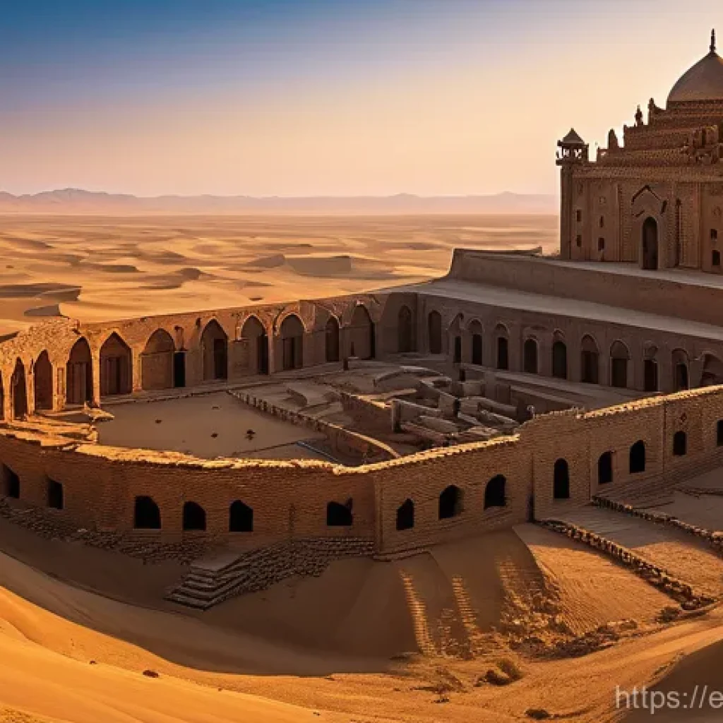 투르크메니스탄 역사적 유적지 - **Prompt 1: The Grandeur of Ancient Merv**
"A majestic wide-angle view of the ancient city of Me...