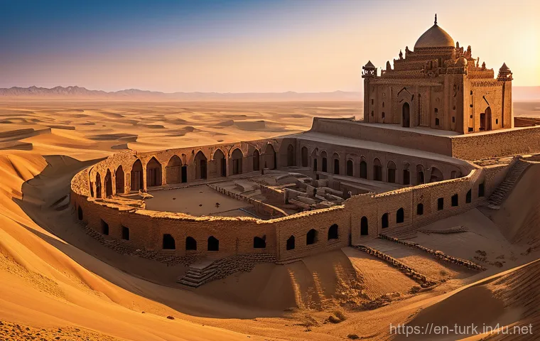 투르크메니스탄 역사적 유적지 - **Prompt 1: The Grandeur of Ancient Merv**
"A majestic wide-angle view of the ancient city of Me...