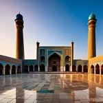 투르크메니스탄과 우즈베키스탄 비교 - **Prompt:** A majestic, wide-angle shot of Registan Square in Samarkand, Uzbekistan, at sunset. The ...