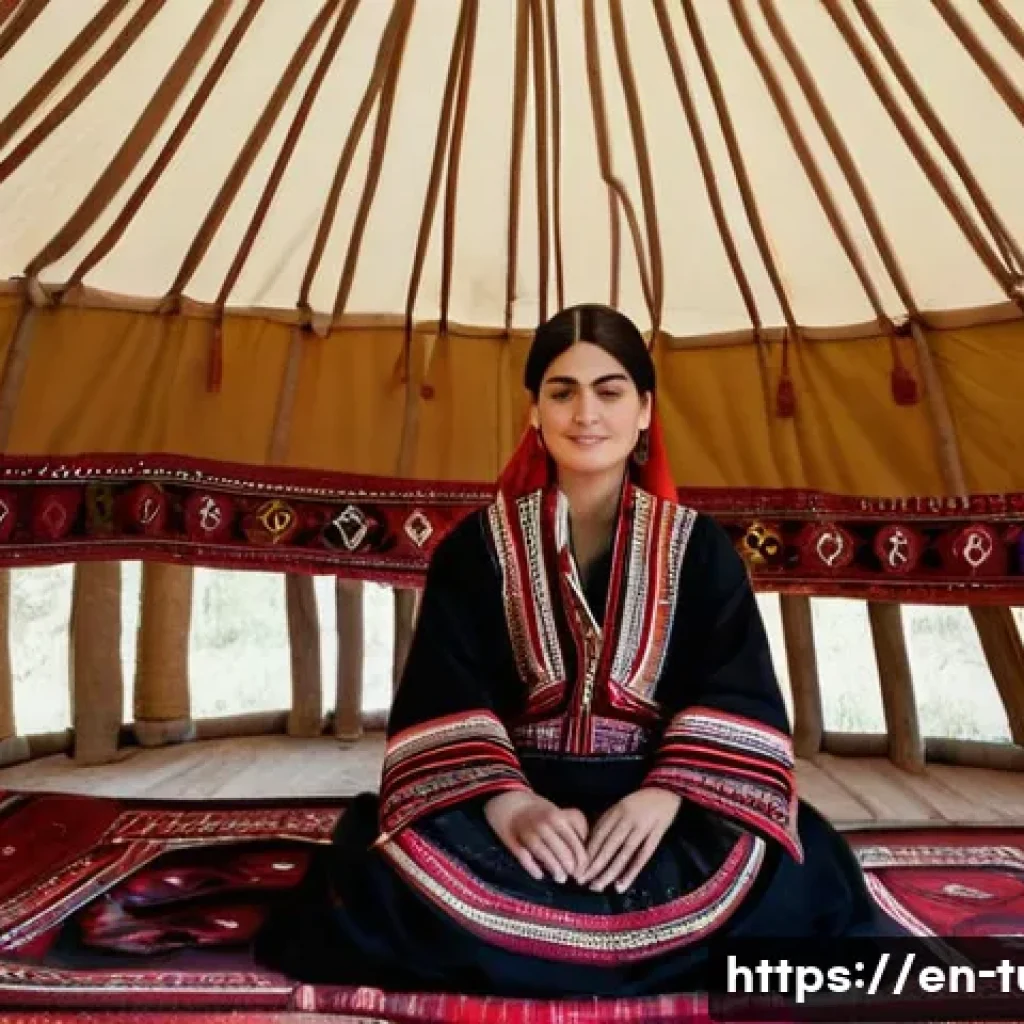 투르크메니스탄 문화 체험 - **A Serene Moment in a Turkmen Yurt:** An image depicting a Turkmen woman, elegantly dressed in a lo...