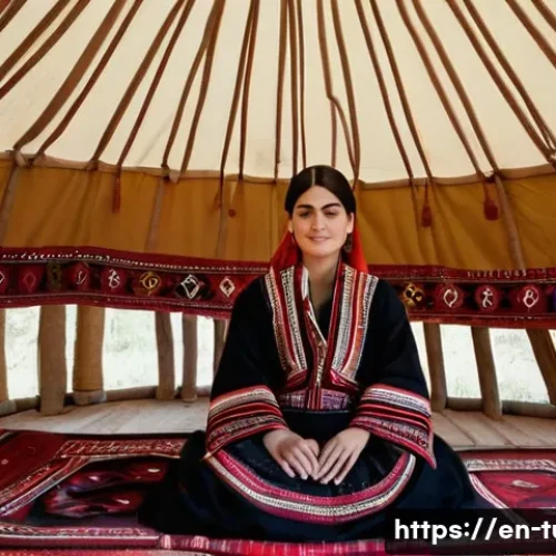 Home 27 투르크메니스탄 문화 체험 - **A Serene Moment in a Turkmen Yurt:** An image depicting a Turkmen woman, elegantly dressed in a lo...