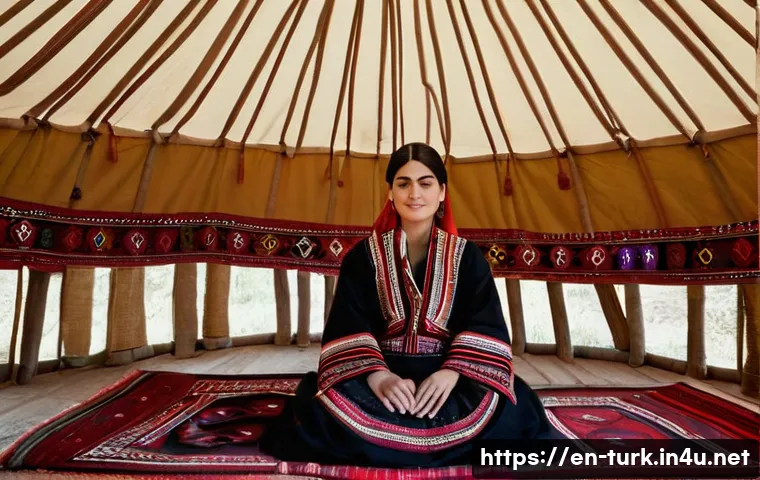 투르크메니스탄 문화 체험 - **A Serene Moment in a Turkmen Yurt:** An image depicting a Turkmen woman, elegantly dressed in a lo...