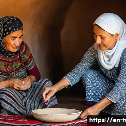 Home 26 투르크메니스탄 요리법 - A heartwarming scene inside a traditional Turkmen home kitchen. An elderly Turkmen woman, dressed in...