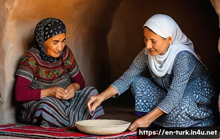 투르크메니스탄 요리법 - A heartwarming scene inside a traditional Turkmen home kitchen. An elderly Turkmen woman, dressed in...
