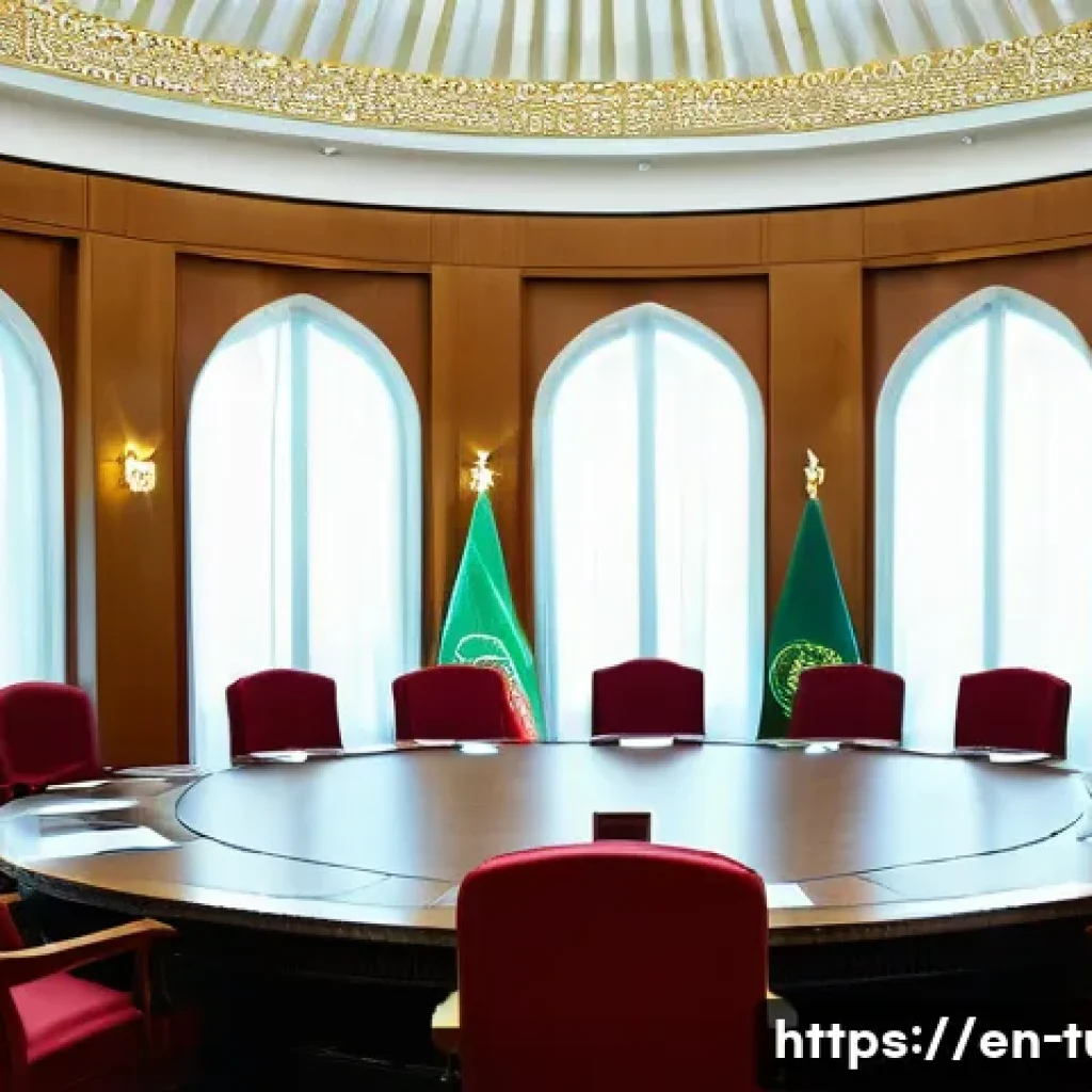투르크메니스탄과 외교 관계 - A detailed diplomatic meeting scene in Ashgabat, Turkmenistan, showing diplomats from Turkmenistan, ...