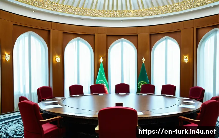 투르크메니스탄과 외교 관계 - A detailed diplomatic meeting scene in Ashgabat, Turkmenistan, showing diplomats from Turkmenistan, ...