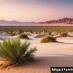 투르크메니스탄 카라쿰 사막 - A panoramic view of the Karakum Desert at sunrise, showcasing a diverse terrain with sandy plains, g...