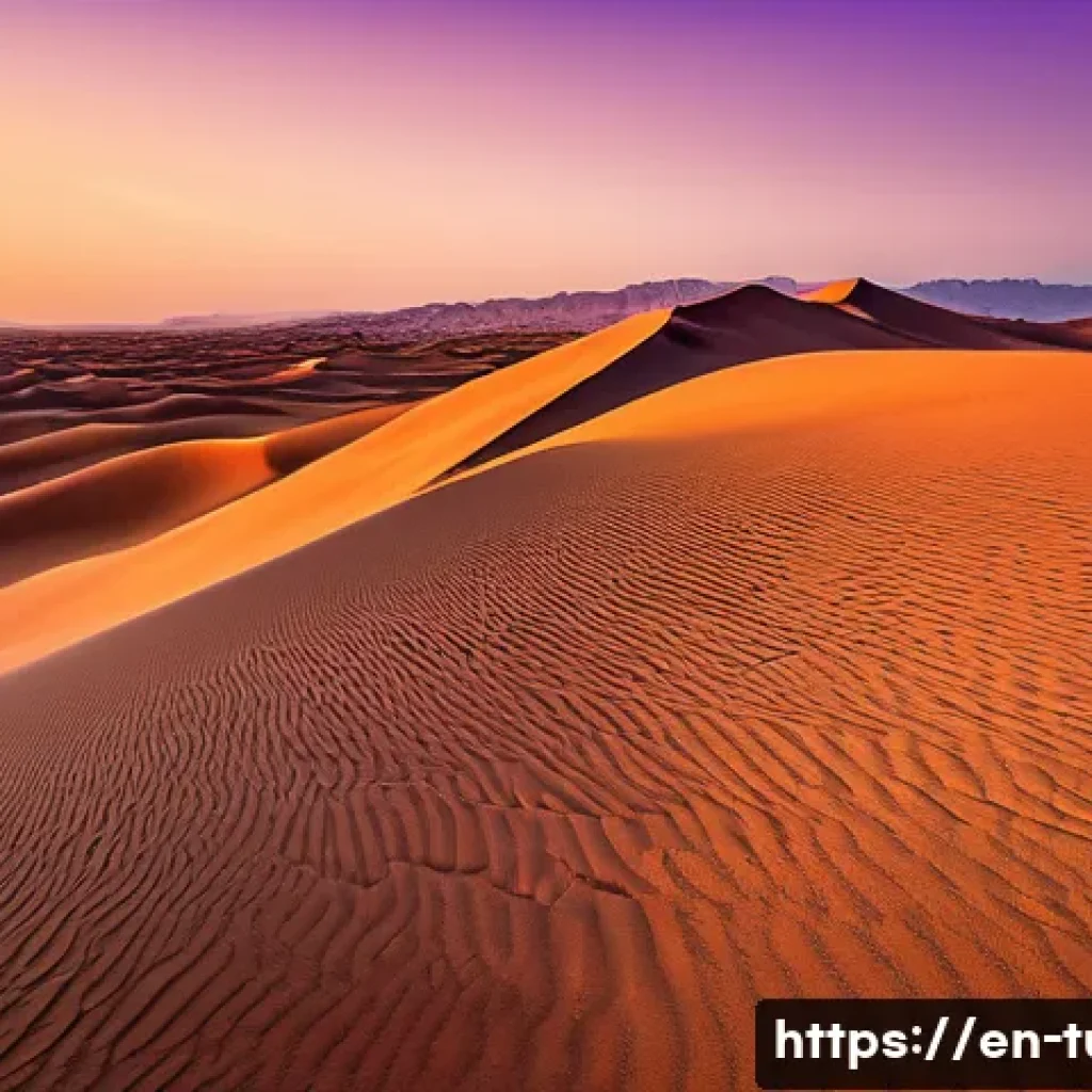 투르크메니스탄의 자연 탐험 - A panoramic view of the Karakum Desert at sunset, featuring vast golden sand dunes with intricate ri...
