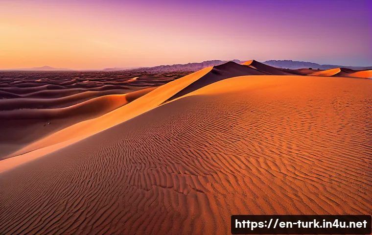 투르크메니스탄의 자연 탐험 - A panoramic view of the Karakum Desert at sunset, featuring vast golden sand dunes with intricate ri...