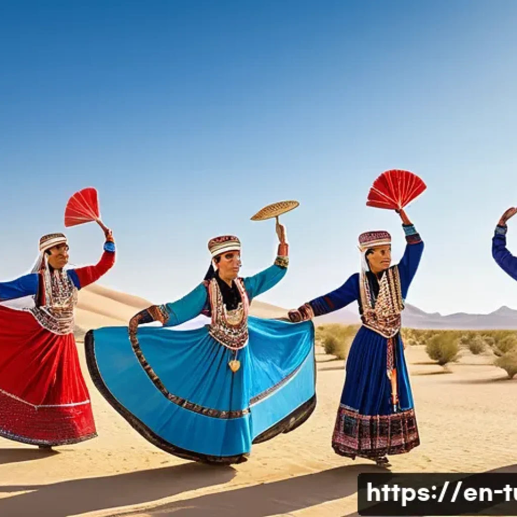 투르크메니스탄에서의 전통 무용 공연 - A vibrant scene of traditional Turkmen dancers performing in a desert festival setting, wearing rich...