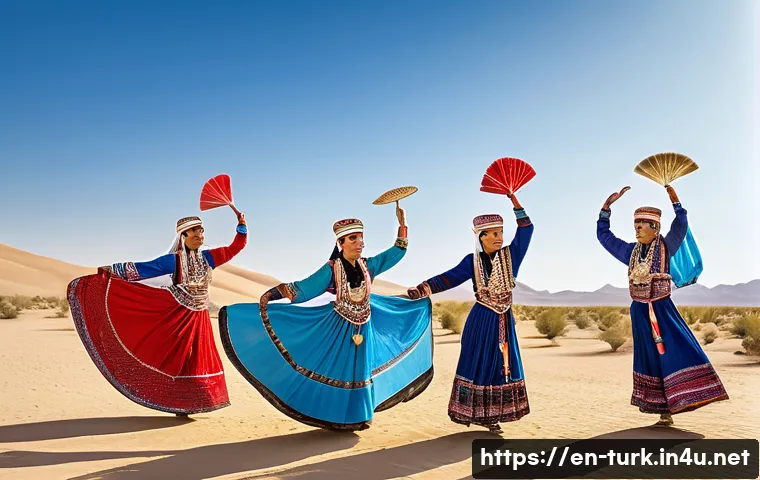 투르크메니스탄에서의 전통 무용 공연 - A vibrant scene of traditional Turkmen dancers performing in a desert festival setting, wearing rich...