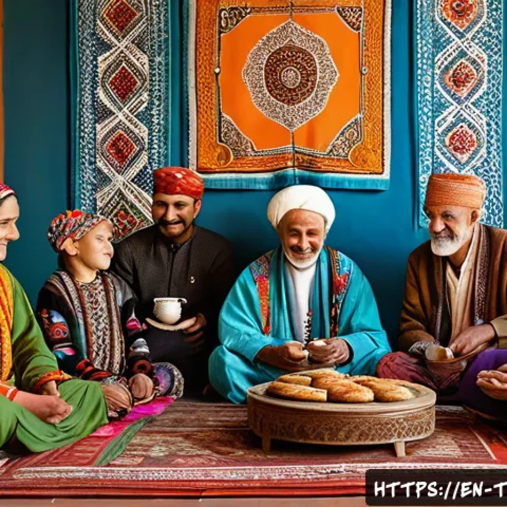 투르크메니스탄의 전통 의례 - A warm and inviting Turkmen family gathering scene inside a traditional home, featuring elders and y...