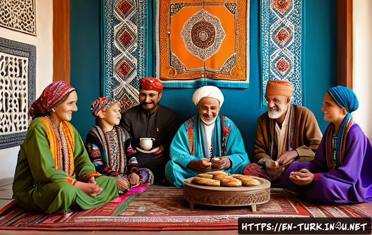 투르크메니스탄의 전통 의례 - A warm and inviting Turkmen family gathering scene inside a traditional home, featuring elders and y...