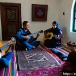 Home 22 투르크메니스탄에서의 사회적 운동 - A dimly lit room where a small group of diverse adults quietly gather around a table, sharing handwr...