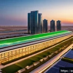 Home 21 투르크메니스탄의 도시화 - A futuristic urban skyline at sunset in Turkmenistan’s desert, featuring sleek glass skyscrapers wit...