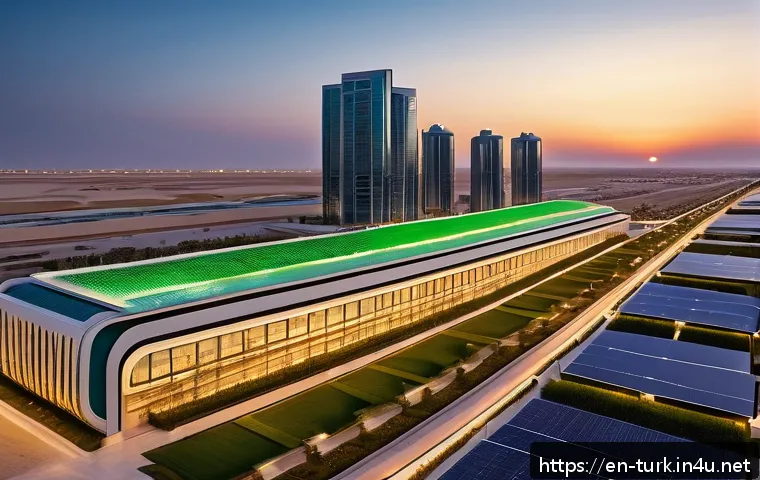 투르크메니스탄의 도시화 - A futuristic urban skyline at sunset in Turkmenistan’s desert, featuring sleek glass skyscrapers wit...