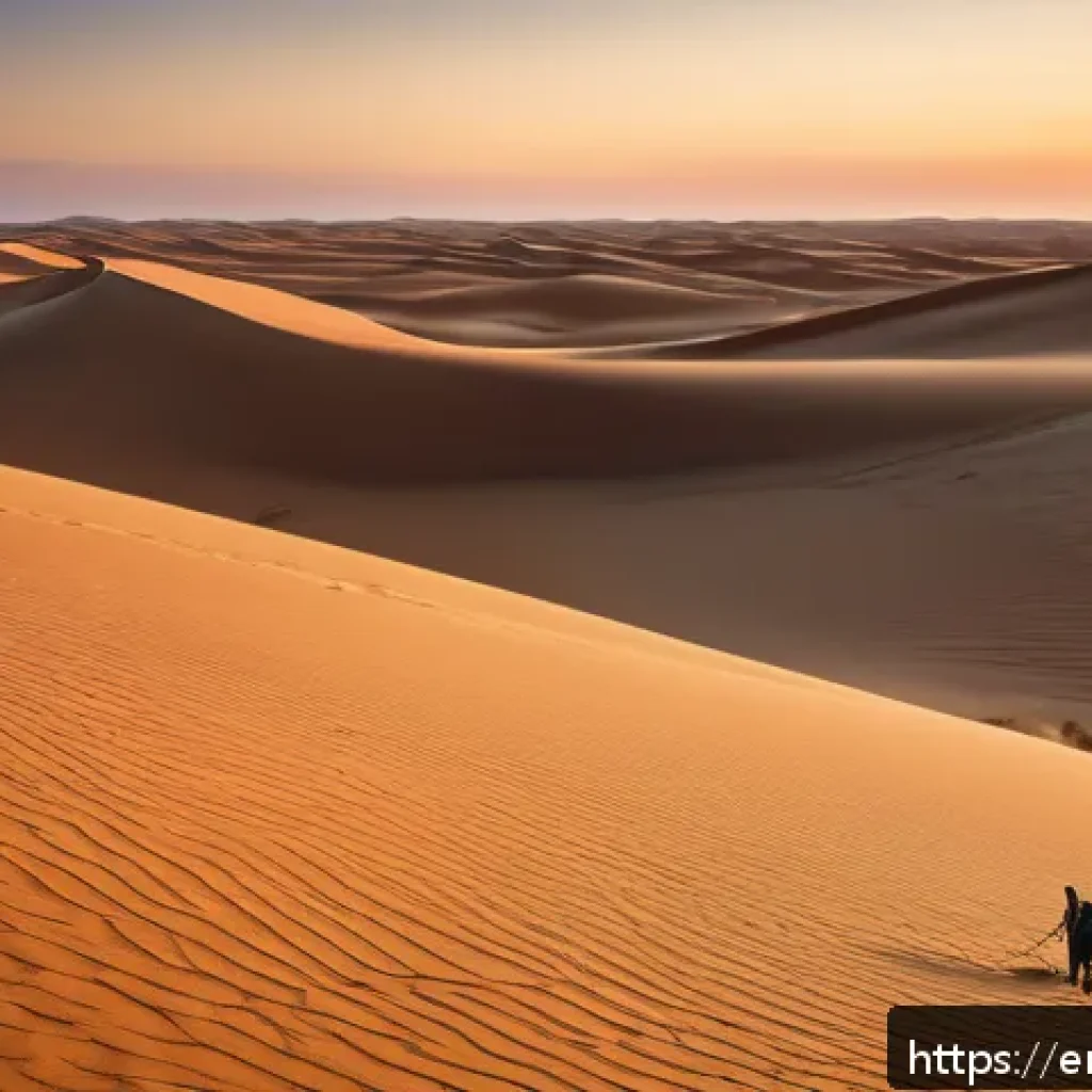투르크메니스탄 자연 풍경 - A vast panoramic view of the Karakum Desert at sunset, showcasing endless rolling golden sand dunes ...
