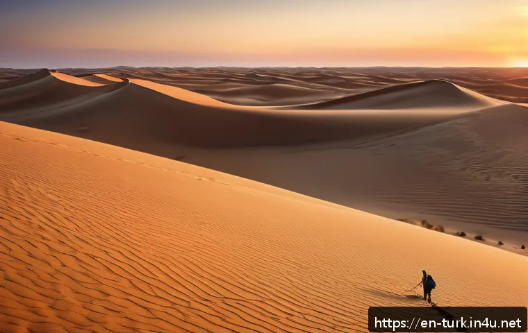 투르크메니스탄 자연 풍경 - A vast panoramic view of the Karakum Desert at sunset, showcasing endless rolling golden sand dunes ...