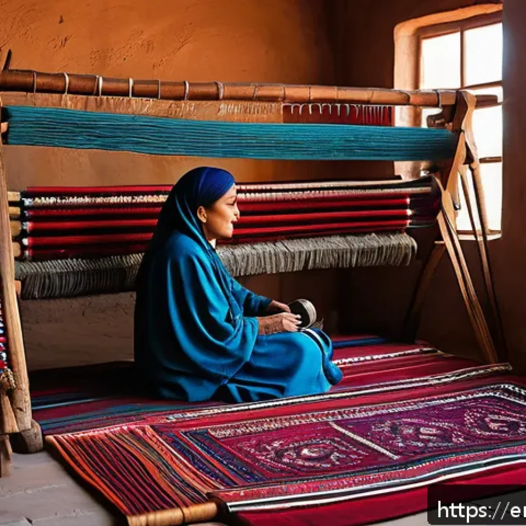 투르크메니스탄의 문화적 다양성 - A detailed scene inside a traditional Turkmen weaving cooperative, showing women artisans dressed in...