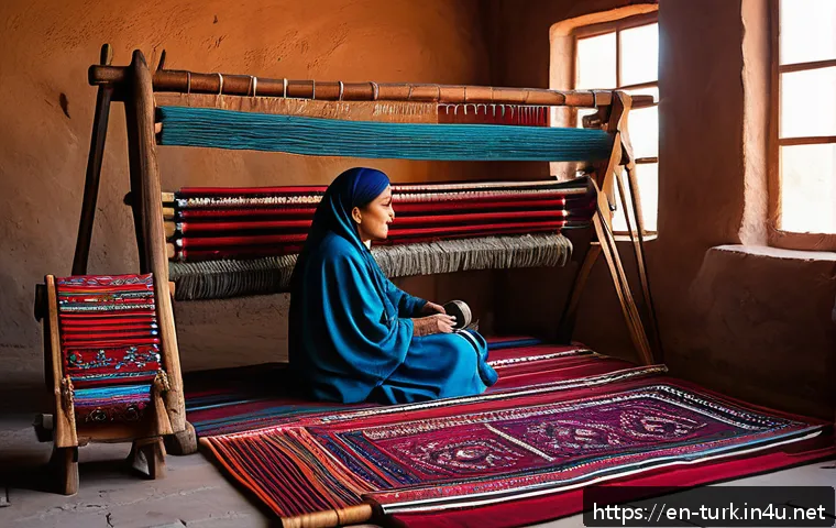 투르크메니스탄의 문화적 다양성 - A detailed scene inside a traditional Turkmen weaving cooperative, showing women artisans dressed in...