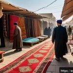 Home 18 투르크메니스탄의 도시 문화 - A vibrant urban bazaar scene in a Turkmen city during daytime, bustling with diverse vendors and sho...