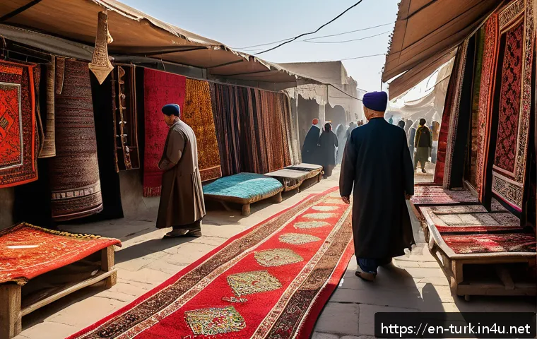 투르크메니스탄의 도시 문화 - A vibrant urban bazaar scene in a Turkmen city during daytime, bustling with diverse vendors and sho...