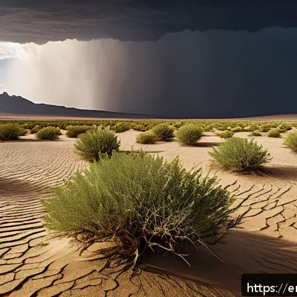 투르크메니스탄의 기후 변화 - A detailed, realistic desert landscape in Turkmenistan showing erratic weather patterns: a sudden he...