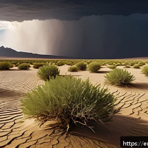 Home 17 투르크메니스탄의 기후 변화 - A detailed, realistic desert landscape in Turkmenistan showing erratic weather patterns: a sudden he...