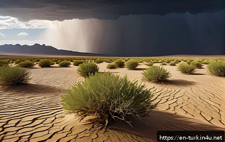 투르크메니스탄의 기후 변화 - A detailed, realistic desert landscape in Turkmenistan showing erratic weather patterns: a sudden he...