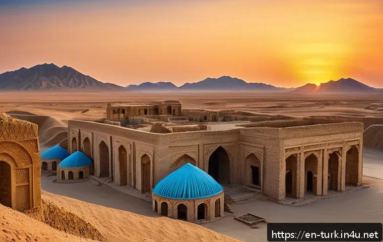 투르크메니스탄 관광 산업의 성장 - A panoramic view of the ancient Silk Road ruins in Merv, Turkmenistan, showcasing expansive desert l...