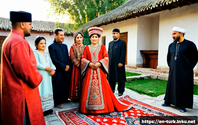 투르크메니스탄 결혼 문화 - Photorealistic Turkmen wedding celebration inside a bright traditional family courtyard, bride in an...