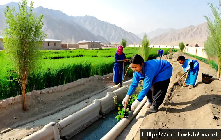투르크메니스탄에서의 봉사활동 - Photorealistic community volunteer project in a Turkmenistan village, diverse adult volunteers and l...