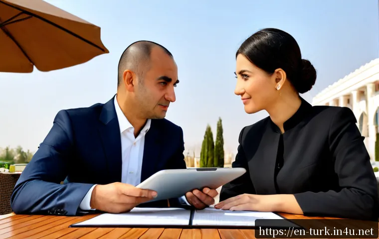 Home 17 투르크메니스탄에서의 사업 기회 - Photorealistic business opportunity scene in Ashgabat, Turkmenistan, two diverse international entre...
