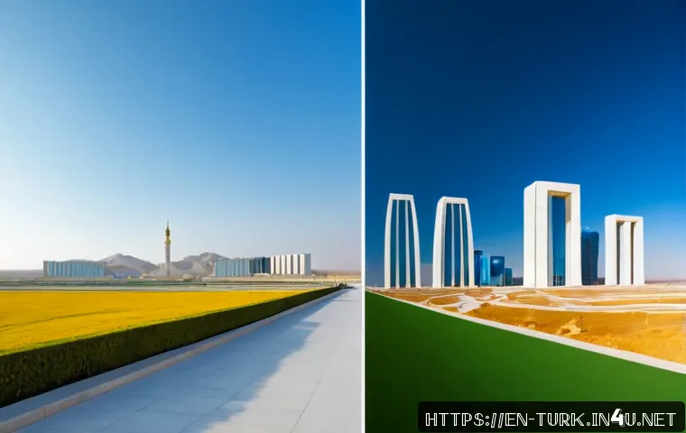 투르크메니스탄과 카자흐스탄의 차이 - Photorealistic split-scene comparison of Central Asian landscapes: left side a pristine white marble...
